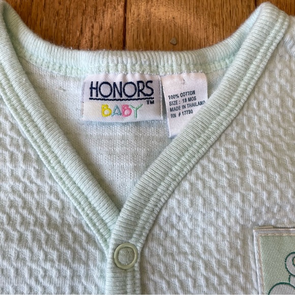 VINTAGE GREEN WAFFLE KNIT EMBROIDERED FROG ONE PIECE OUTFIT SIZE 18M 100% COTTON - Picture 4 of 5